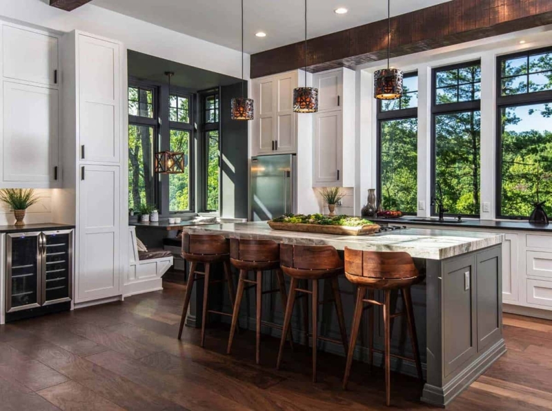 Modern Rustic Kitchen Island Ideas with Large Black Framed Windows