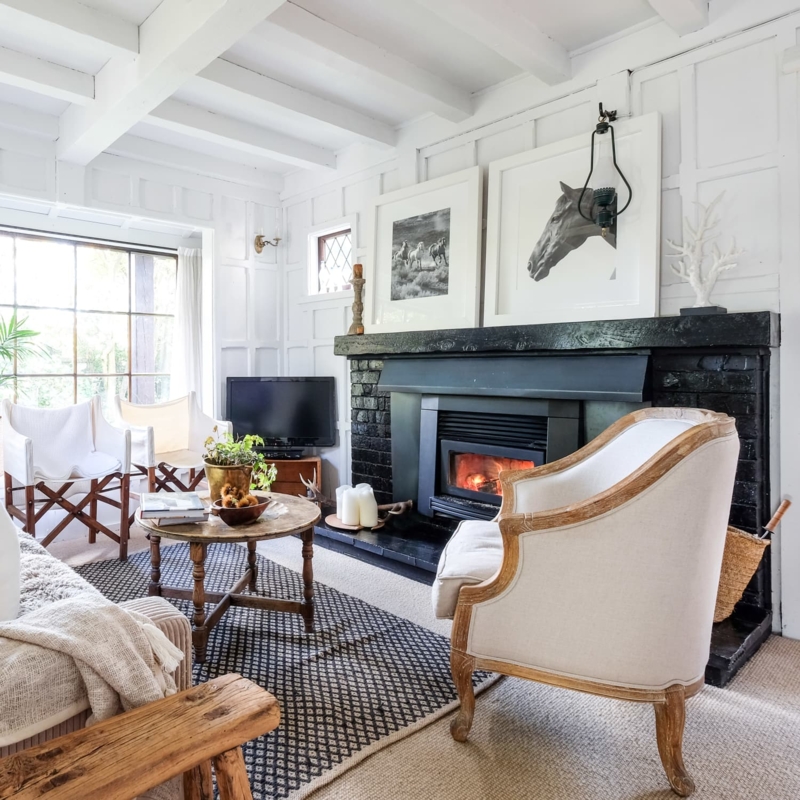 Modern Rustic Living Room Decor featuring a Black Brick Fireplace