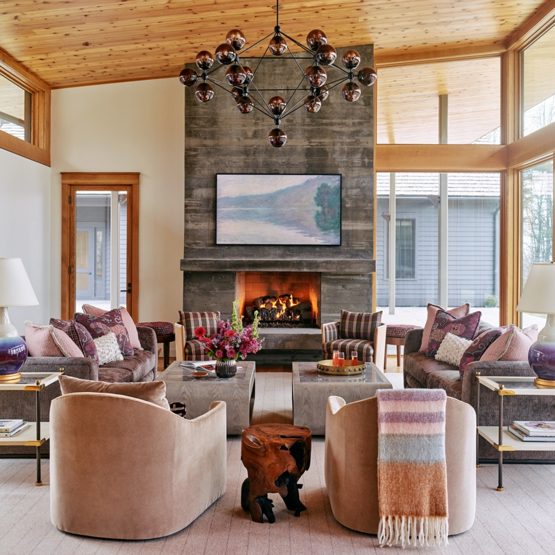Modern Rustic Living Room With Concrete Fireplace And Wood Slat Ceiling
