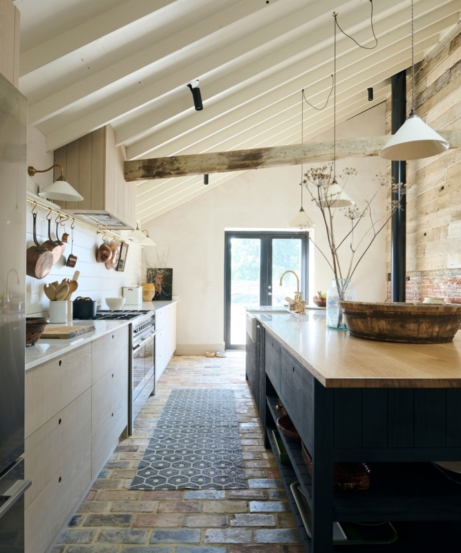 Modern Rustic Open Plan Kitchen Brick Flooring Weathered Ceiling Beam