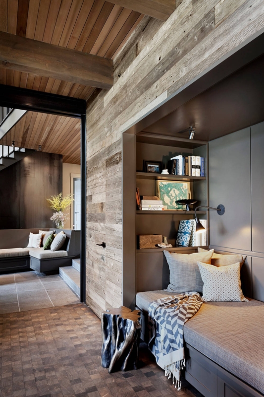 Modern Rustic Reading Nook with Weathered Wood Walls and Built-ins