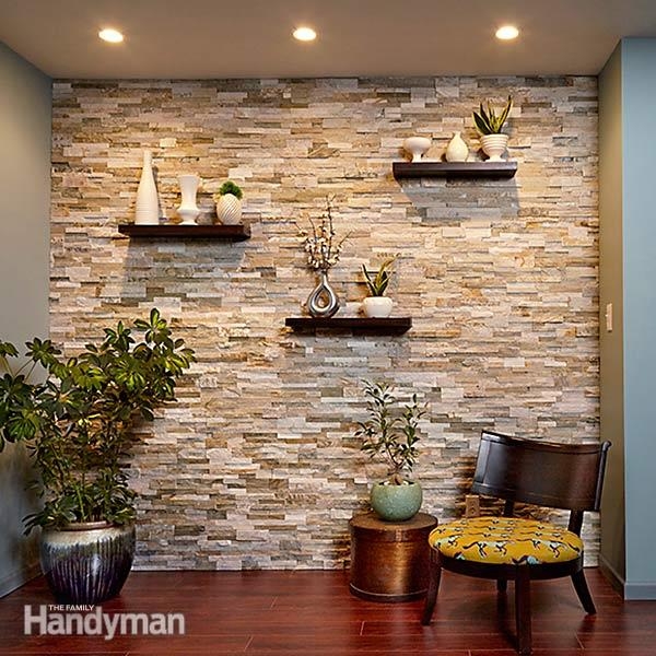 Modern Rustic Stone Wall: Staggered Shelves and Patterned Chair Decor