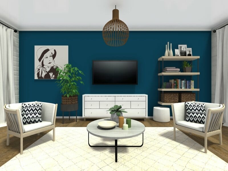 Modern Scandinavian Lounge with Teal Accent Wall & Wood Pendant