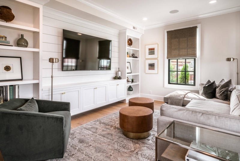 Modern Shiplap Media Wall with Leather Ottomans & Velvet Chair