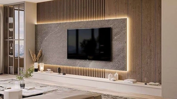 Modern Slatted Wood TV Wall with Backlit Stone Panel & Console