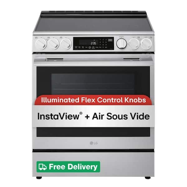 Modern Slide-In Electric Range Blue Oven Interior Navy Cabinets Contrast
