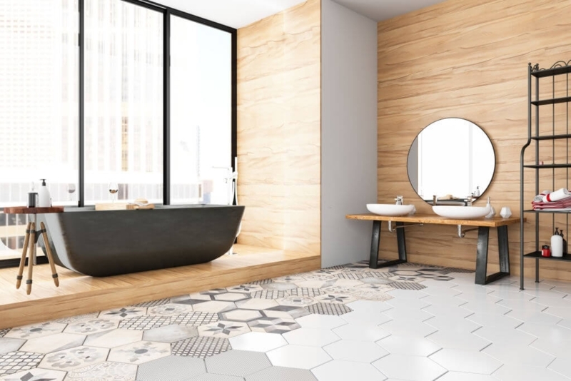 Modern Spa Bathroom: Black Matte Tub On Raised Wood Platform Base Design