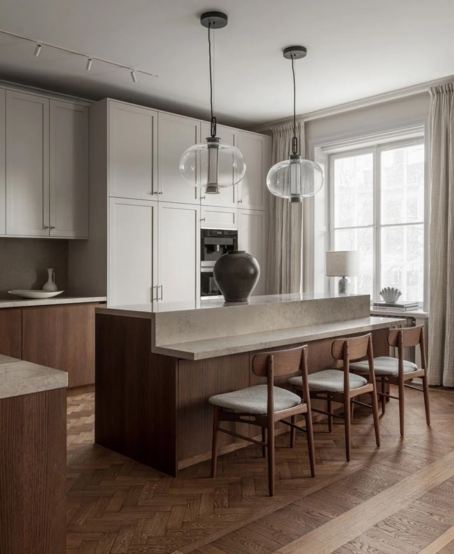 Modern Split Level Kitchen Island with Taupe and Herringbone Flooring