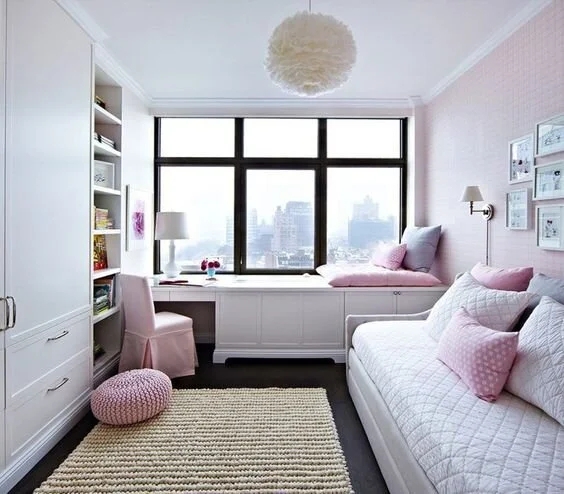 Modern Teen Girl Bedroom with Pink Grid Wall & City View