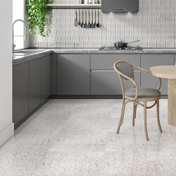 Modern Terrazzo Kitchen Floor Ideas with Grey Cabinets