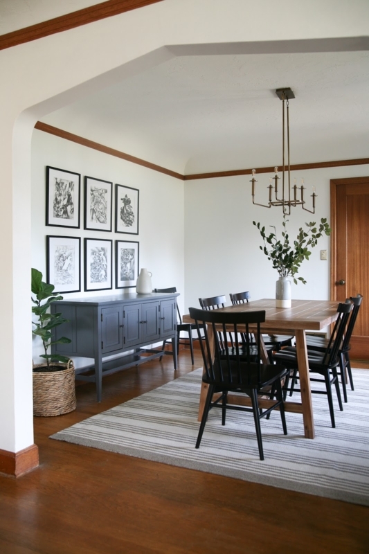 Modern Traditional Set: Black Spindle Chairs & Striped Rug