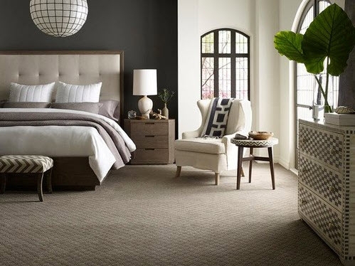 Modern Transitional Bedroom with Arched Window and Bone Inlay Dresser