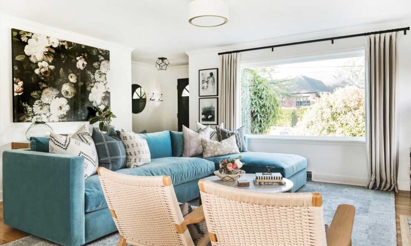 Modern Transitional Blue Sectional with Large Floral Mural Art