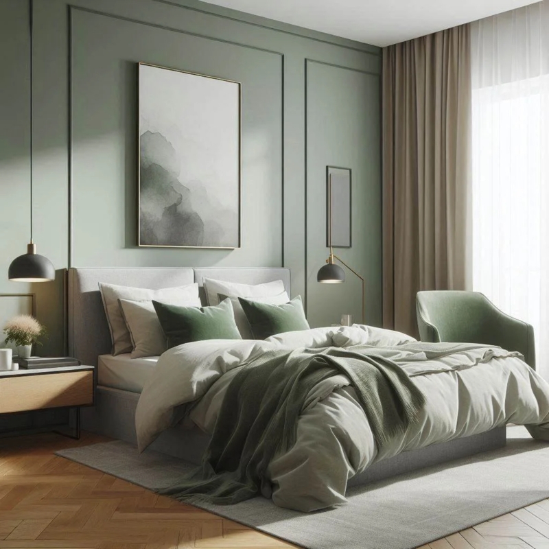 Modern Upholstered Bed in Bedroom with Herringbone Wood Floor