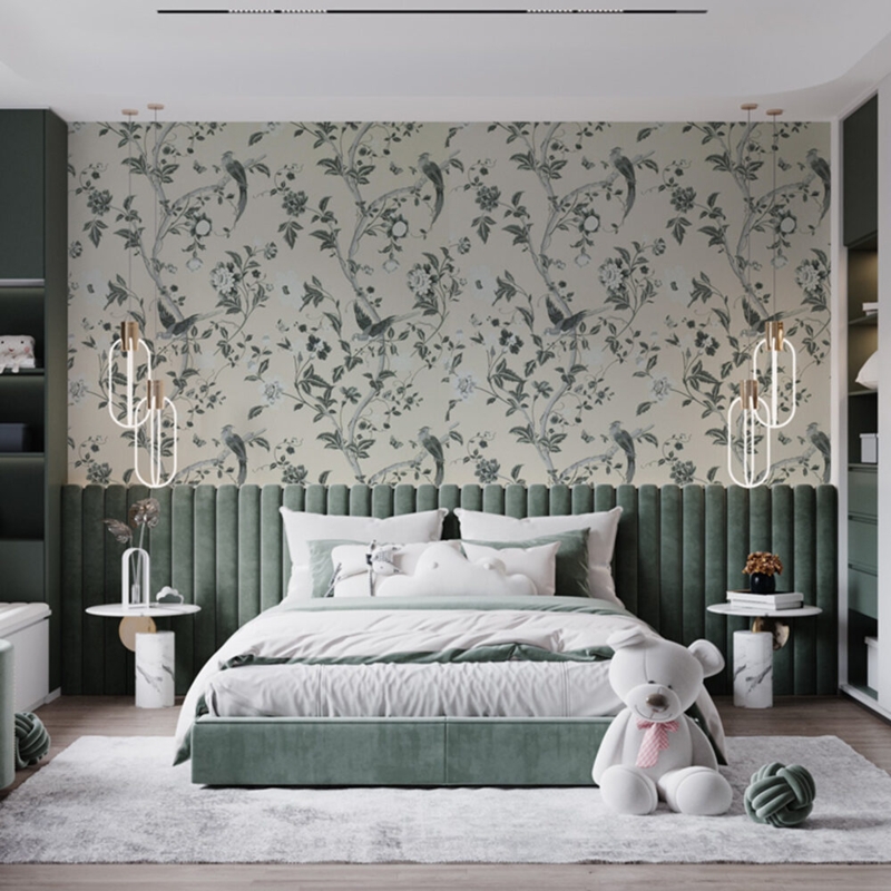 Modern Upholstered Bed with Fluted Green Headboard and Bird Wallpaper
