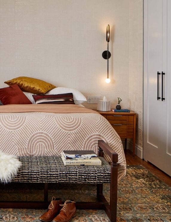 Modern Vertical Wall Sconce Exposed Bulb Quilted Bedspread Earthy