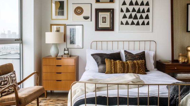 Modern Vintage Bedroom with Gold Metal Bed and Curated Gallery Wall