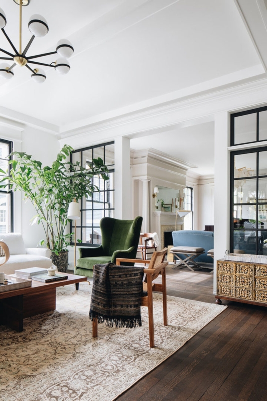 Modern Vintage Living Room Decor with Green Wingback Chair