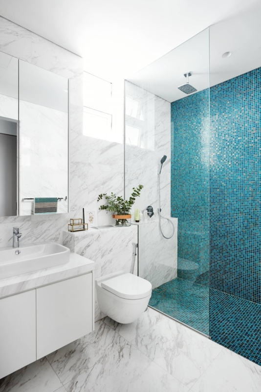 Modern Walk-In Shower Design with Teal Mosaic Accent Wall