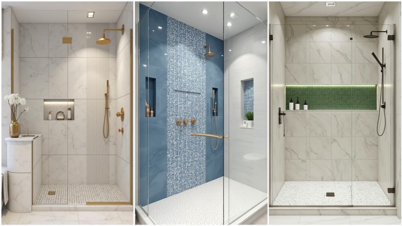 Modern Walk-In Shower Ideas: Illuminated Niches & Pebble Floors