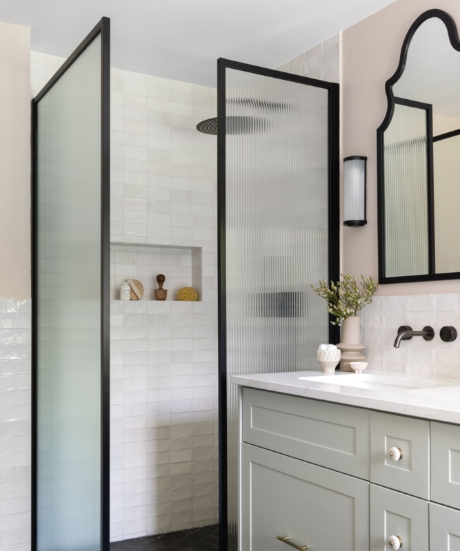 Modern Walk-In Shower: Reeded Glass Enclosure & Sage Green Vanity