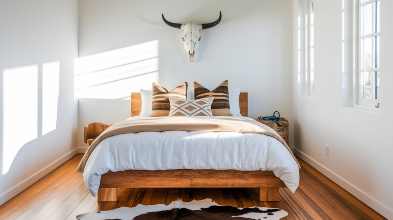 Modern Western Platform Bed with Steer Skull Wall Art Inspiration