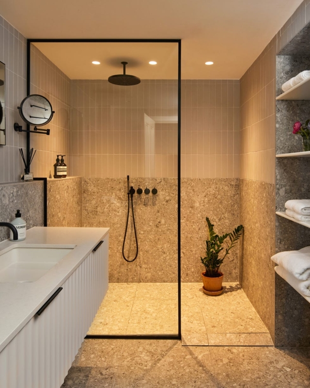 Modern Wet Room Terrazzo Walls Fluted White Vanity Design