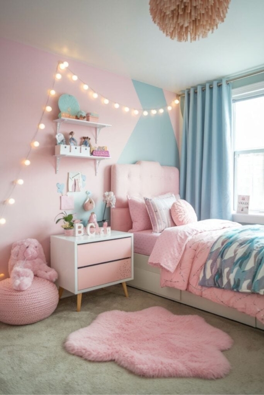 Modern Whimsical Bedroom with Geometric Paint and Globe String Lights