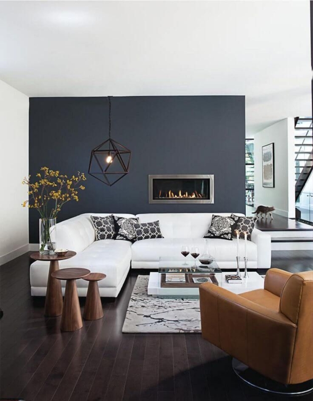 Modern White Sectional Sofa Layout: Navy Wall with Built-in Fireplace