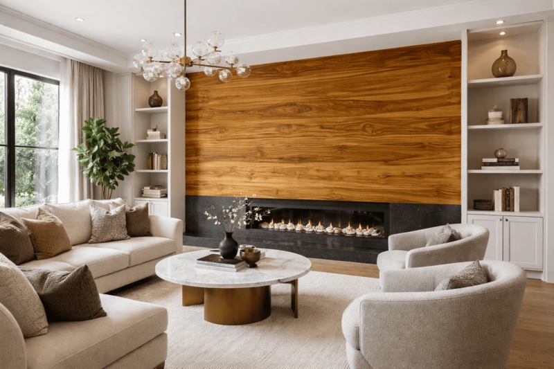 Modern Wood Paneling with Horizontal Fireplace and Marble Table