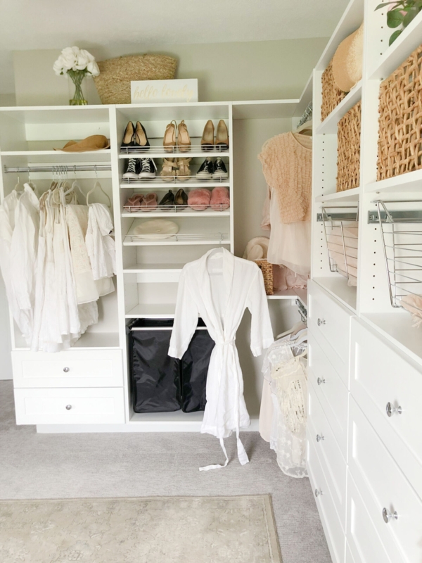 Modular Closet System with Woven Storage Baskets and Open Shelves