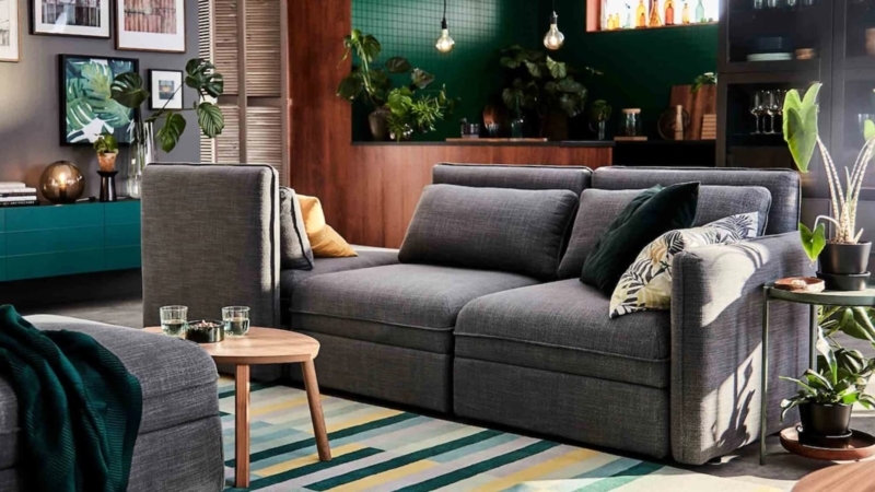 Modular Sectional for Small Spaces in Moody Living Room with Green Walls