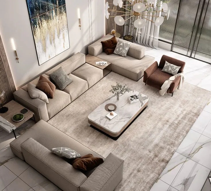Modular Sectional Sofa with Integrated Table and Marble Coffee Table