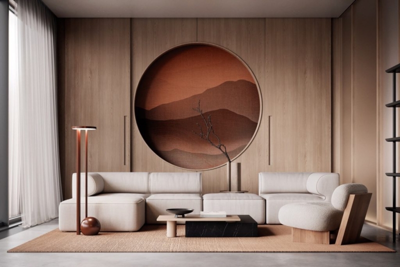 Modular Sofa: Circular Landscape Wall Mural Ideas and Vertical Wood Slats.