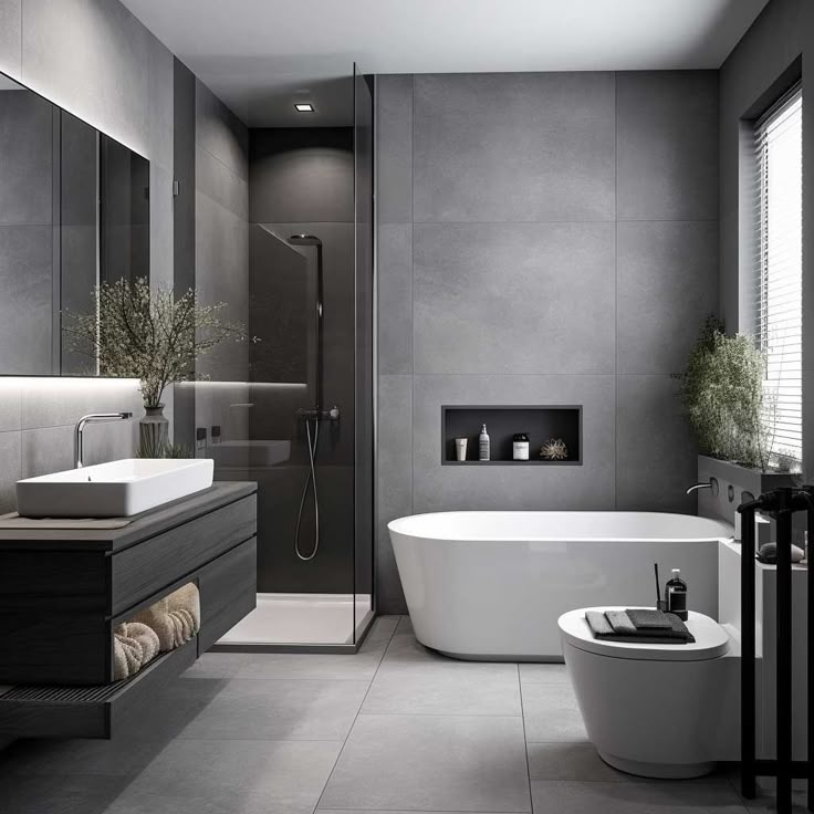 Monochromatic Grey Bathroom with Floating Wood Vanity