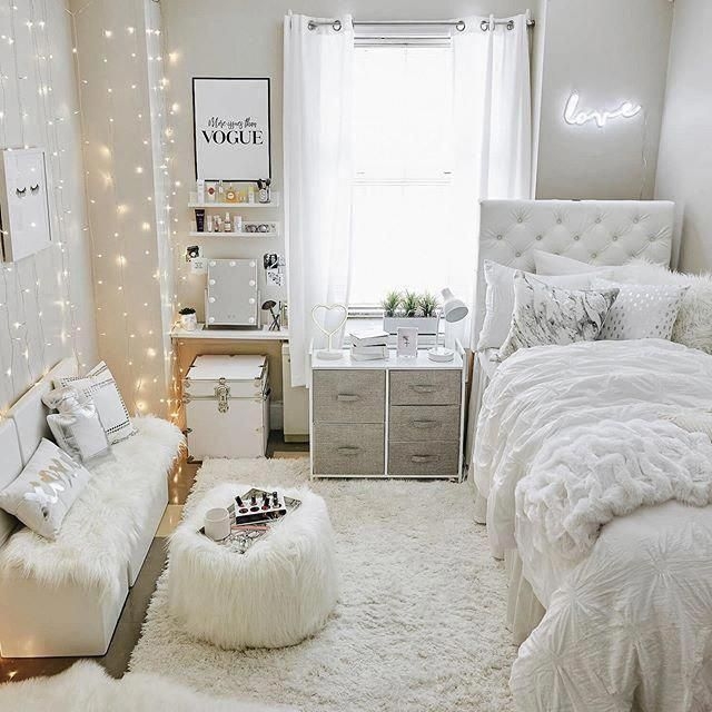Monochromatic White Teen Bedroom: Cascading String Lights & Faux Fur