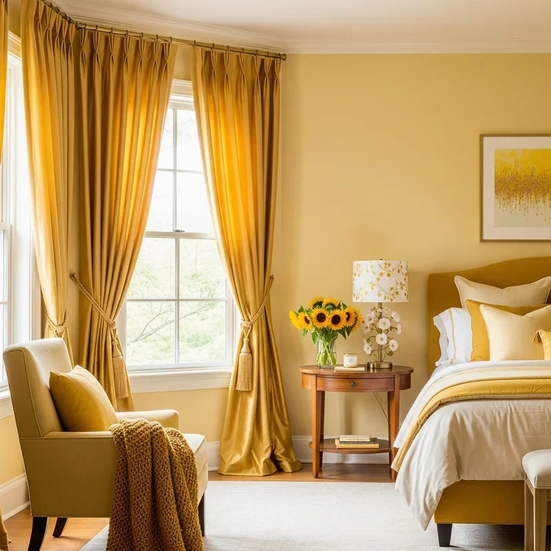 Monochromatic Yellow Bedroom with Pinch Pleat Curtains