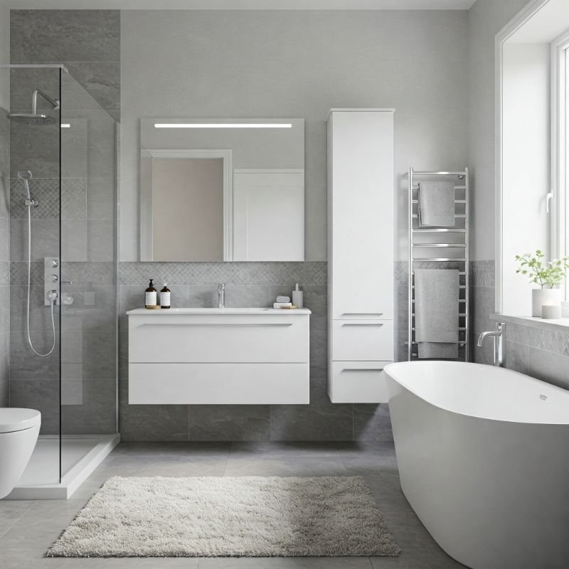 Monochrome Bathroom Floating Vanity, Shaggy Area Rug. Floating Vanity Layout.