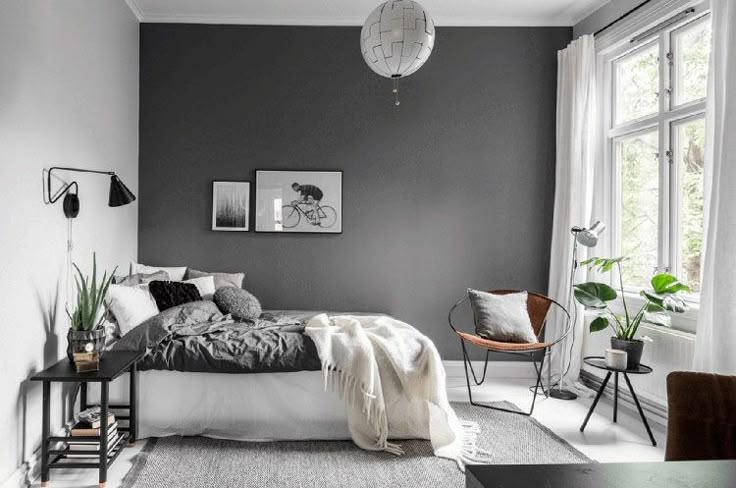Monochrome Bedroom: Charcoal Accent Wall & Sling Chair