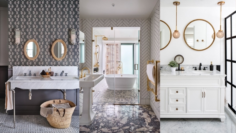 Monochrome Grey and White Bathroom Ideas with Brass Fixtures and Marble