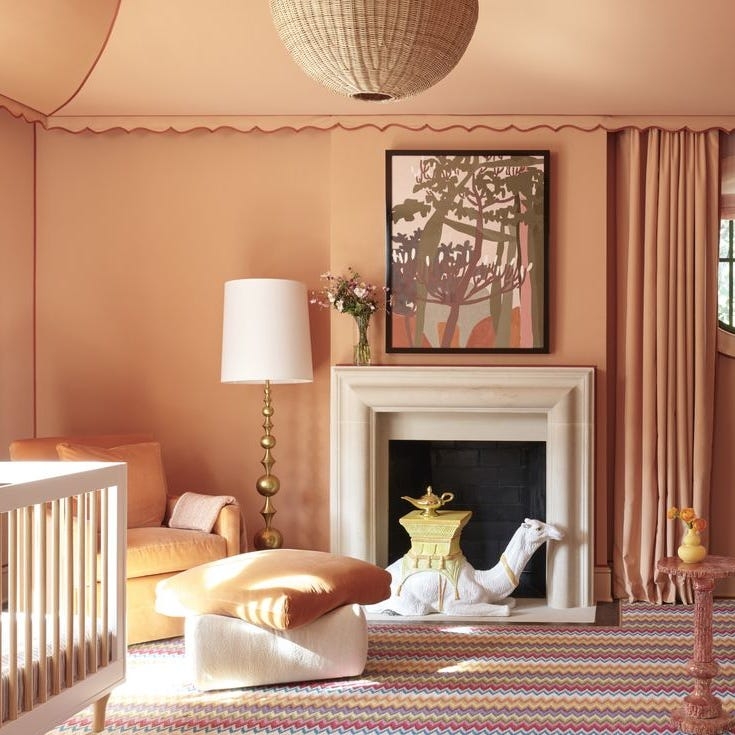 Monochrome Peach Nursery Design with Scalloped Ceiling Trim