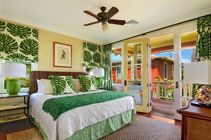 Monstera Leaf Prints and French Doors in an Island Colonial Bedroom