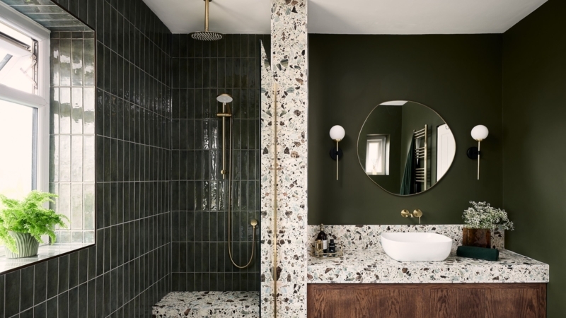 Moody Bathroom Dark Green Vertical Tiles Terrazzo Vanity