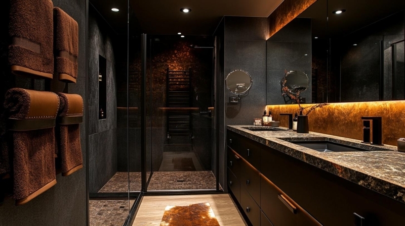 Moody Bathroom Vanity with Dark Stone and Backlit Metallic Wall