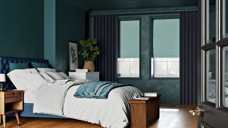 Moody Bedroom Design with Coordinated Window Treatments