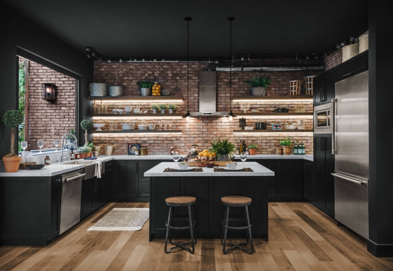 Moody Black and Brick Kitchen: Illuminated Floating Shelves, Dark Ceiling