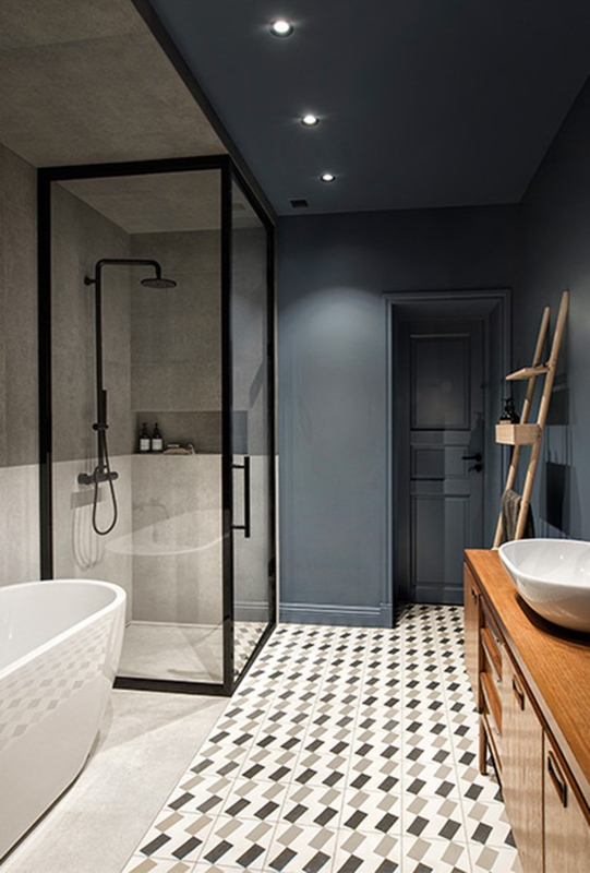 Moody Blue Bathroom Ceiling with Geometric Floor Tile