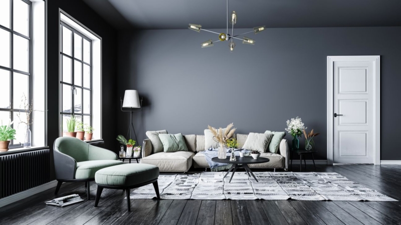Moody Charcoal Living Room with Sage Green Accent Chair