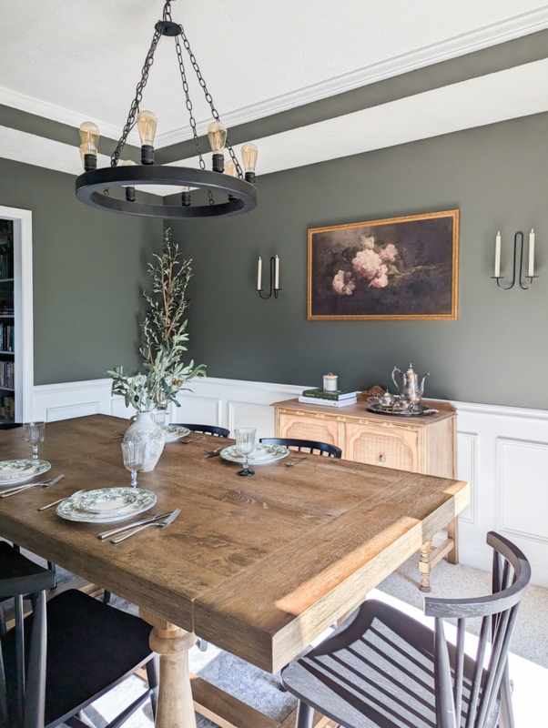 Moody Dining Room with Olive Walls & Chunky Pedestal Table