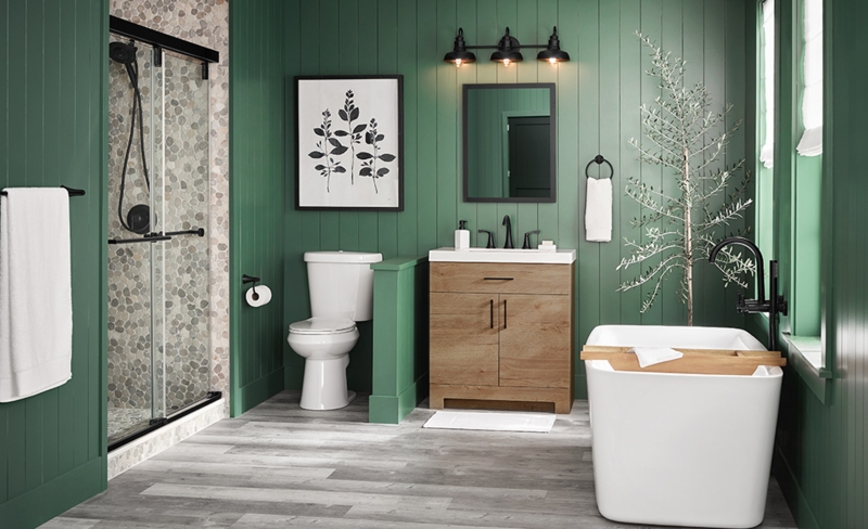 Moody Green Bathroom Design: Pebble Tile Shower & Matte Black Fixtures